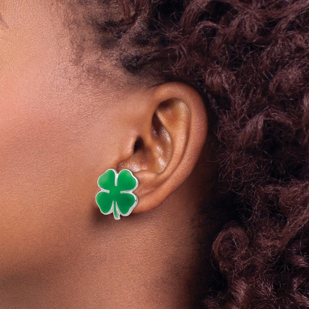 Sterling Silver RH-plated Enamel 4 Leaf Clover Post Earrings