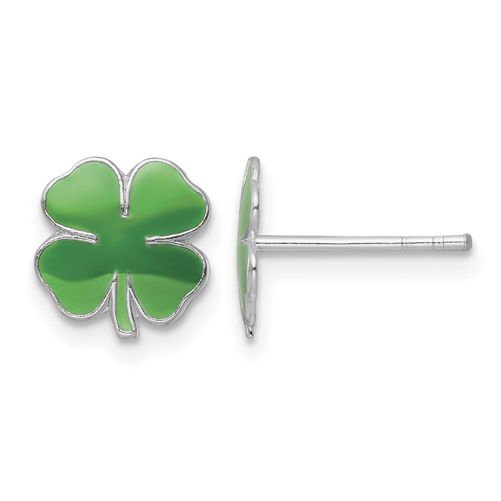 Sterling Silver RH-plated Enamel 4 Leaf Clover Post Earrings