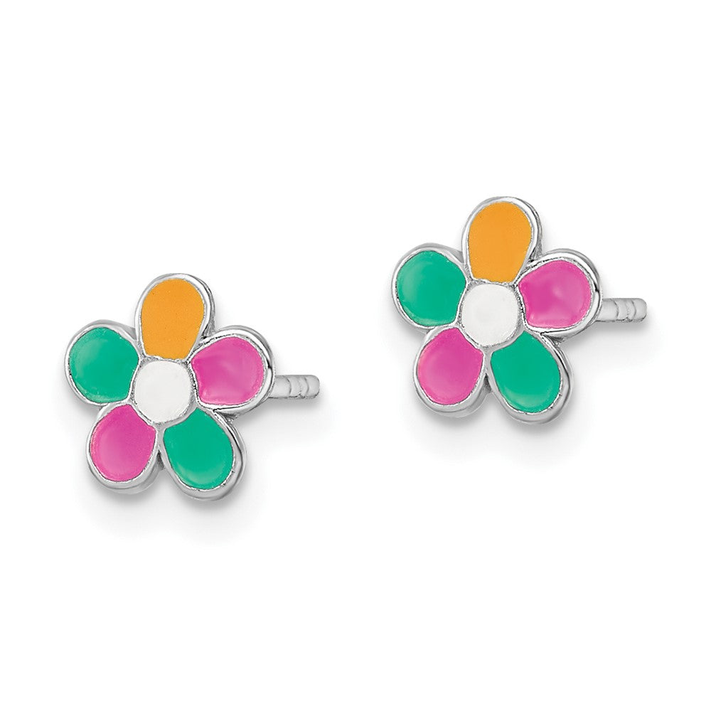 Sterling Silver RH-plated Enameled Flower Post Earrings