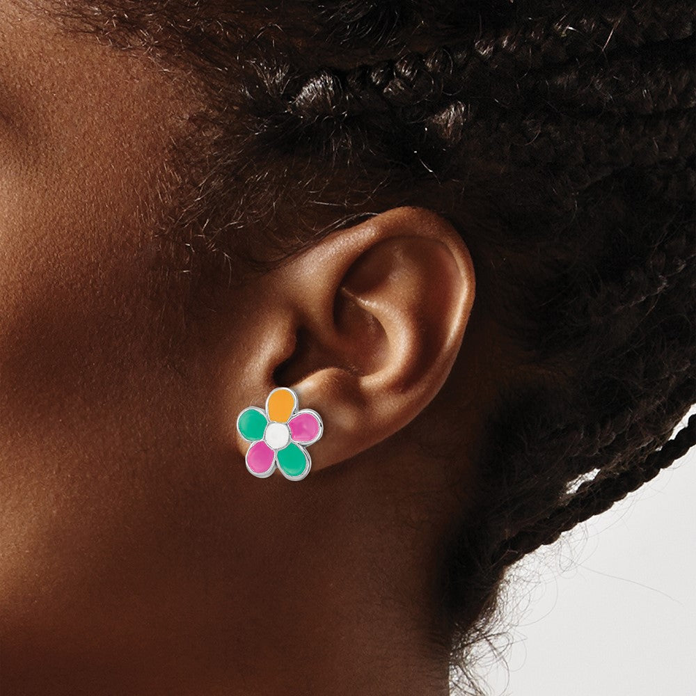 Sterling Silver RH-plated Enameled Flower Post Earrings