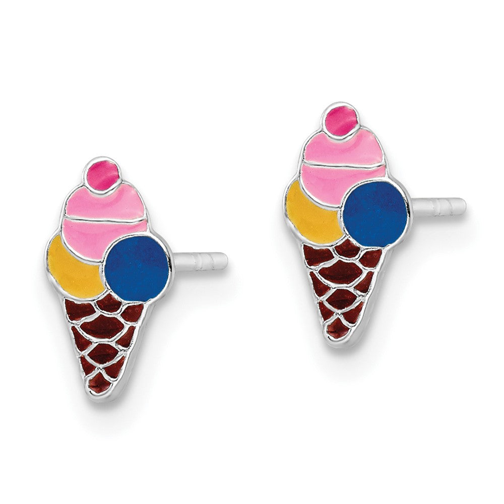 Sterling Silver Rhoidum-plated Enamel Ice Cream Cone Post Earrings