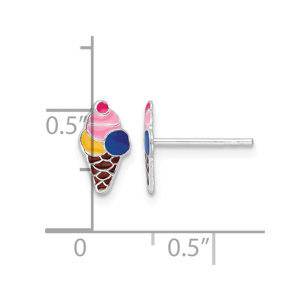 Sterling Silver Rhoidum-plated Enamel Ice Cream Cone Post Earrings