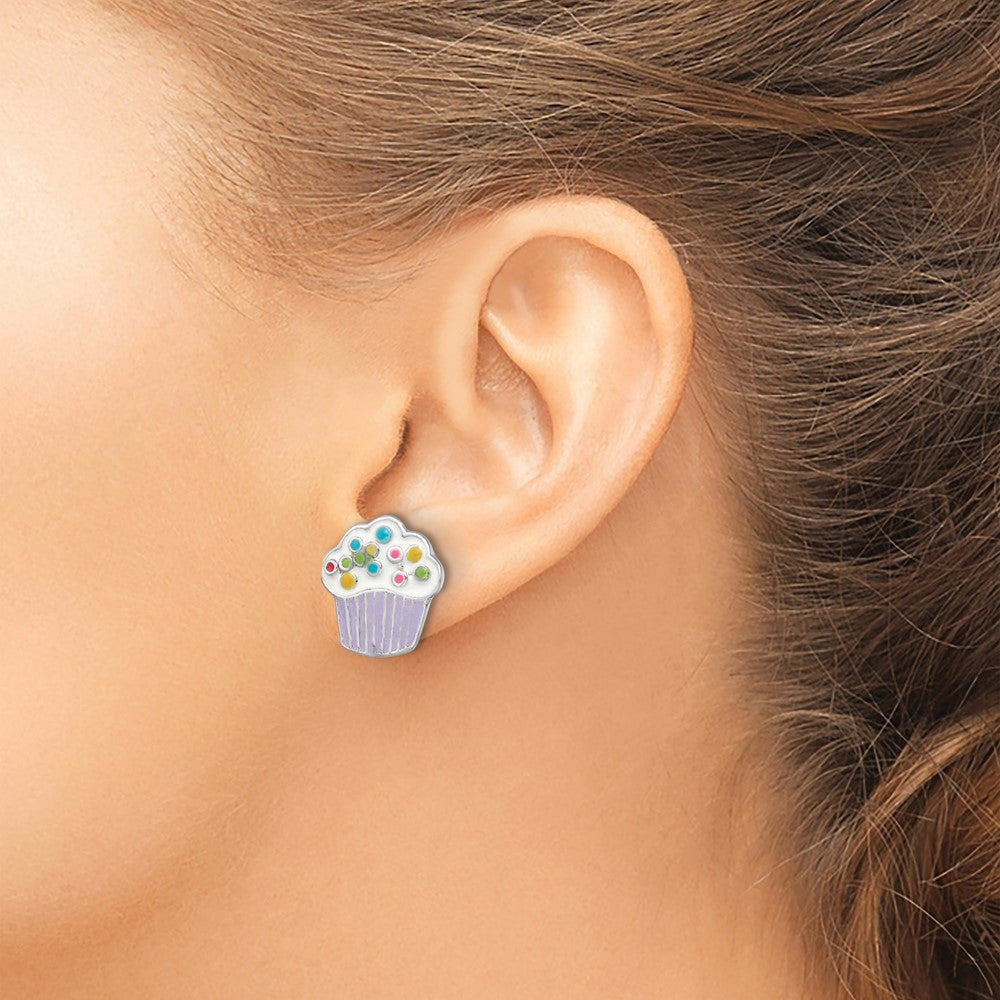 Sterling Silver RH-plated Enamel Cupcake Post Earrings