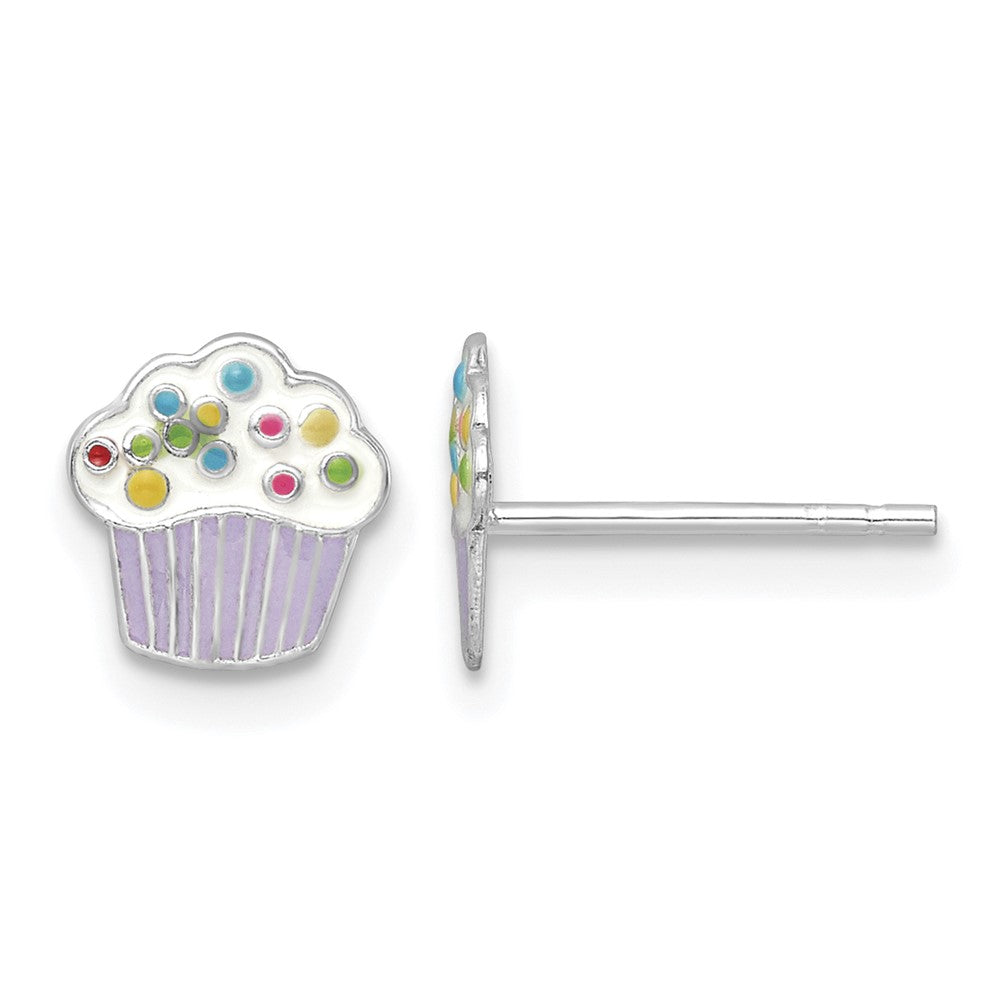 Sterling Silver RH-plated Enamel Cupcake Post Earrings