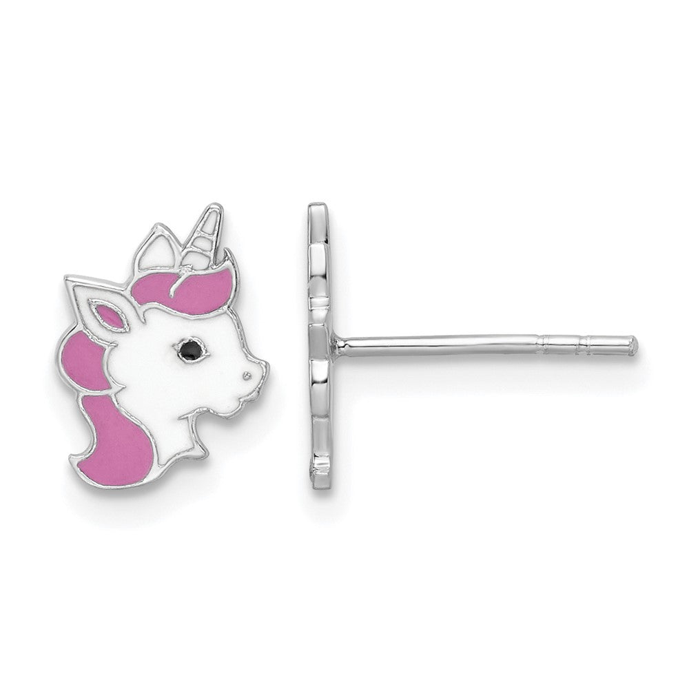 Sterling Silver Rhodium-plated Enamel Unicorn Post Earrings