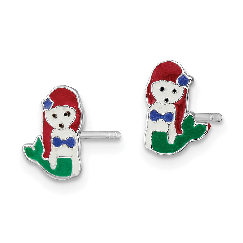 Sterling Silver RH-plated Enameled Multi-color Mermaid Post Earrings