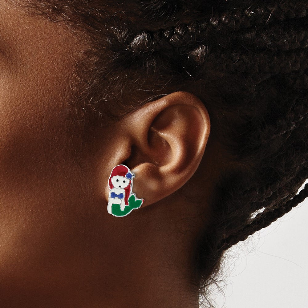 Sterling Silver RH-plated Enameled Multi-color Mermaid Post Earrings