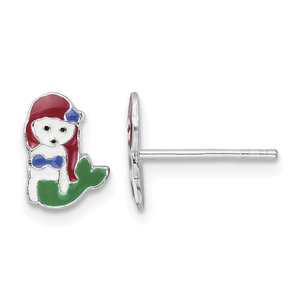 Sterling Silver RH-plated Enameled Multi-color Mermaid Post Earrings