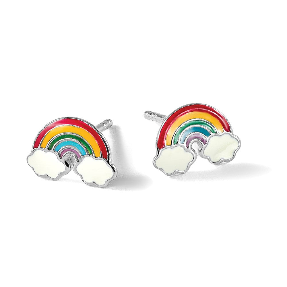 Sterling Silver RH-plated Enameled Rainbow Children's Post Earrings