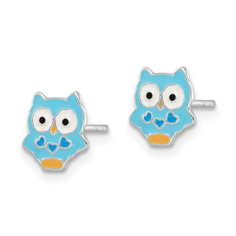 Sterling Silver RH-plated Enameled Blue Owl Post Earrings