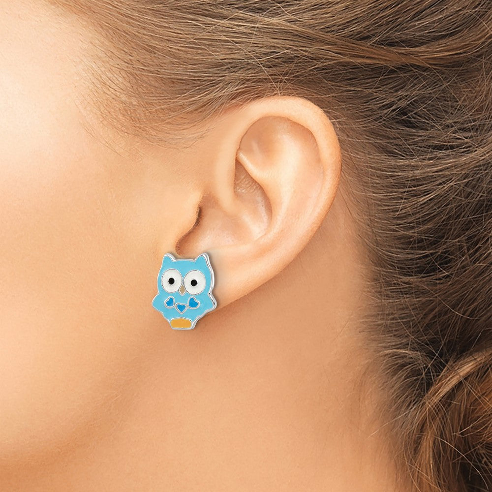 Sterling Silver RH-plated Enameled Blue Owl Post Earrings