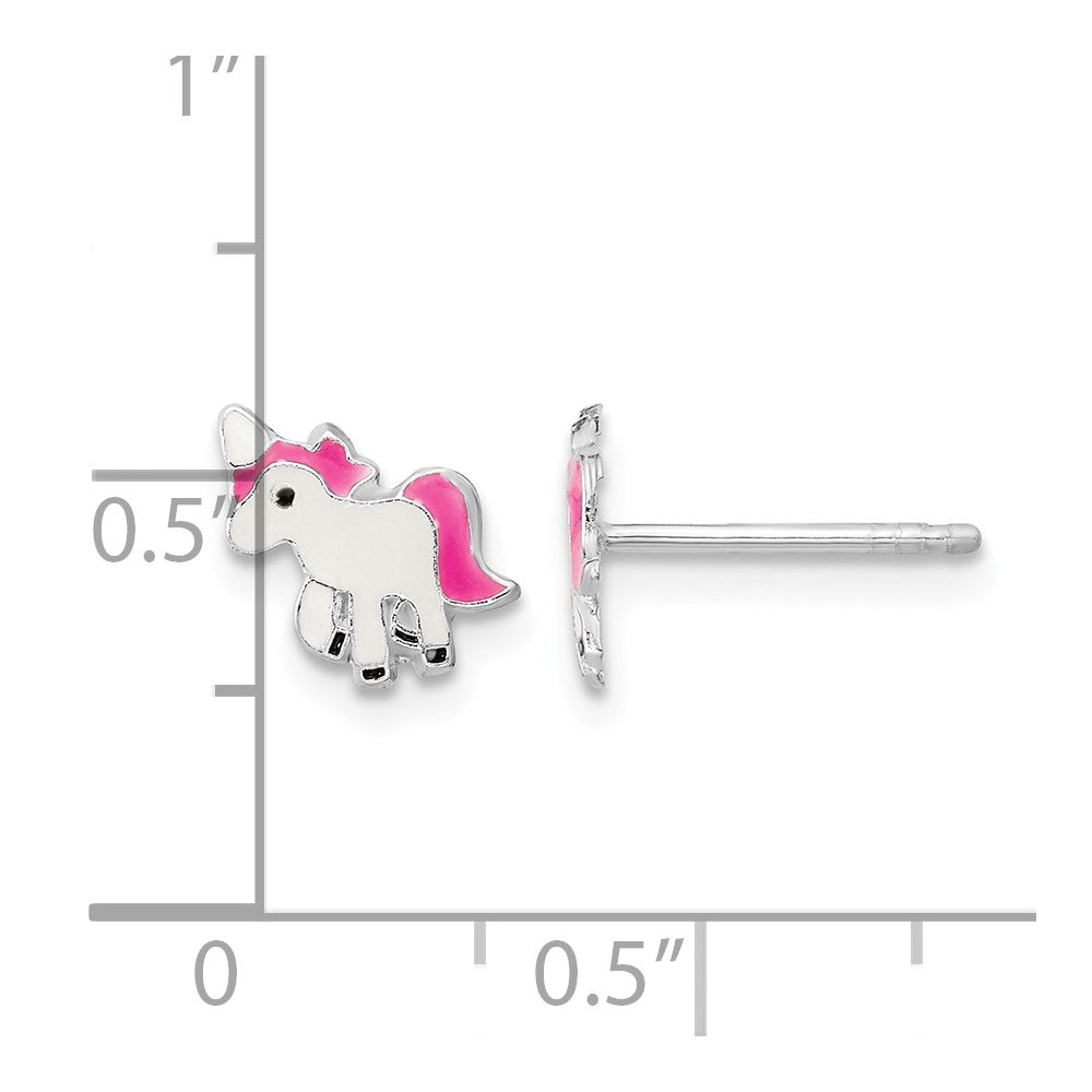 Sterling Silver RH-plated Polished Enameled Unicorn Post Earrings