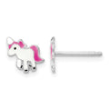 Sterling Silver RH-plated Polished Enameled Unicorn Post Earrings