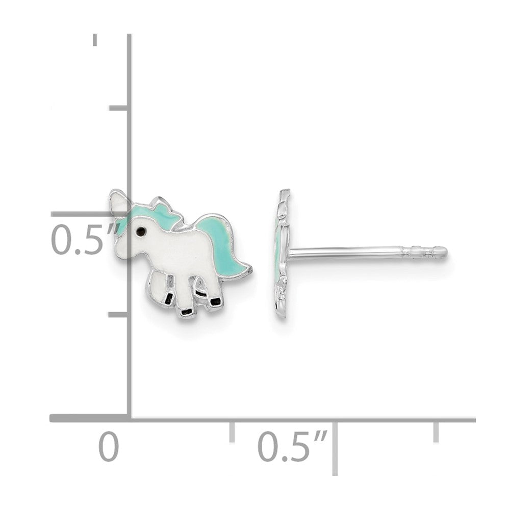 Sterling Silver Rhodium-plated Polished Enameled Unicorn Post Earrings