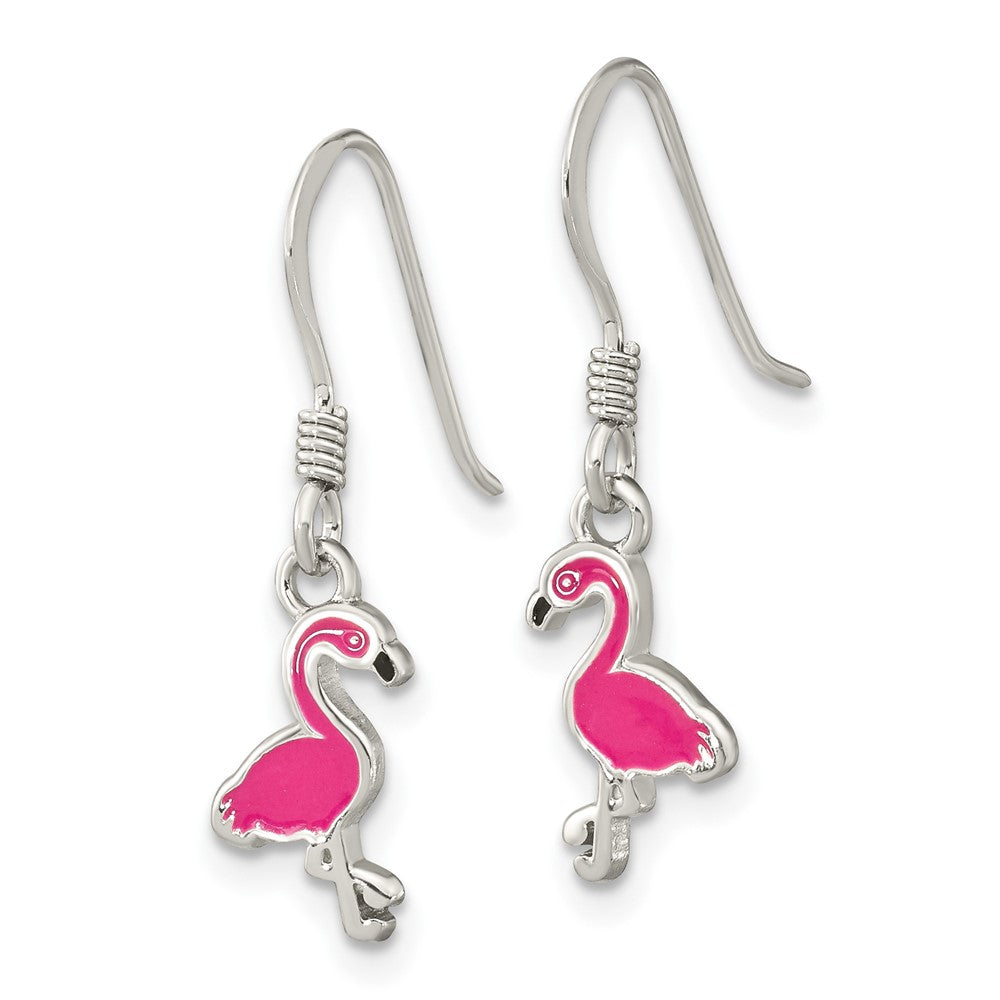 Sterling Silver Rhodium-plated Enameled Hot Pink Flamingo Dangle Earrings