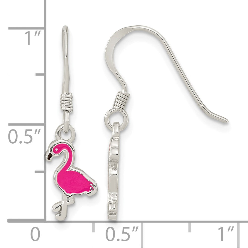 Sterling Silver Rhodium-plated Enameled Hot Pink Flamingo Dangle Earrings