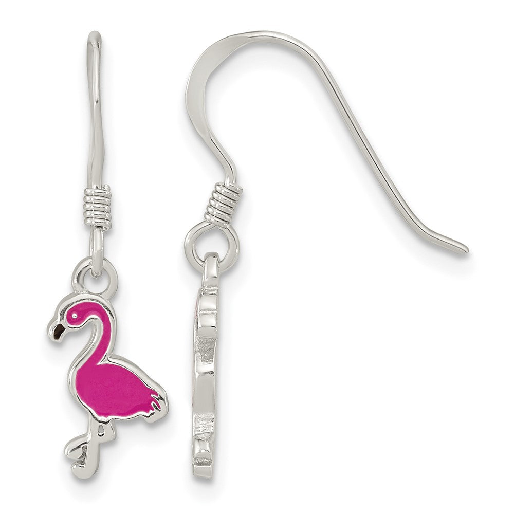 Sterling Silver Rhodium-plated Enameled Hot Pink Flamingo Dangle Earrings