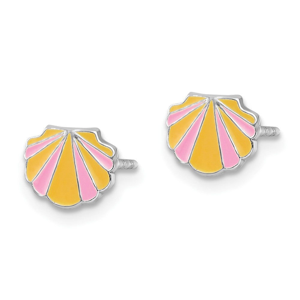 Sterling Silver RH-plated Pink/Orange Enamel Shell Post Earrings