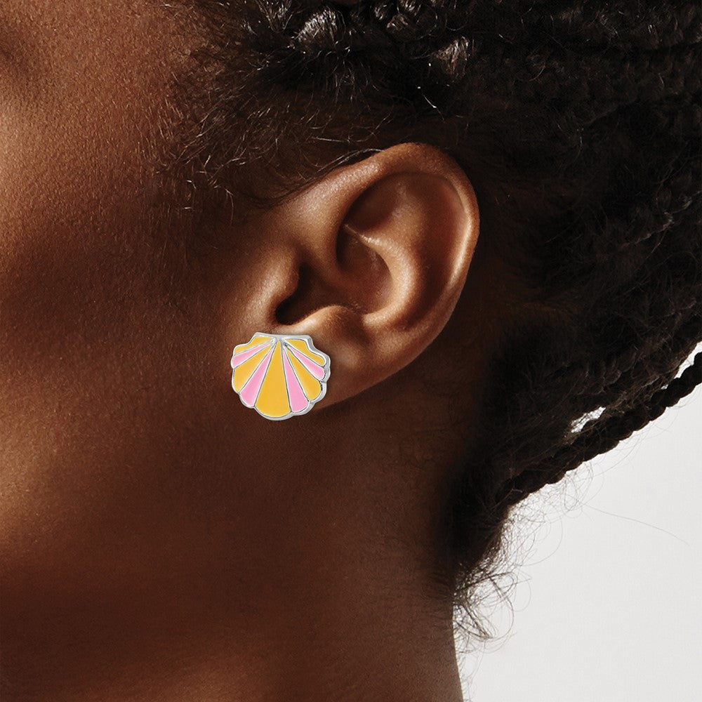 Sterling Silver RH-plated Pink/Orange Enamel Shell Post Earrings