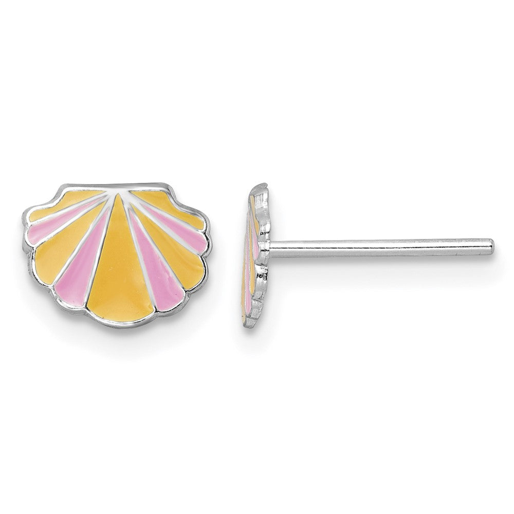 Sterling Silver RH-plated Pink/Orange Enamel Shell Post Earrings