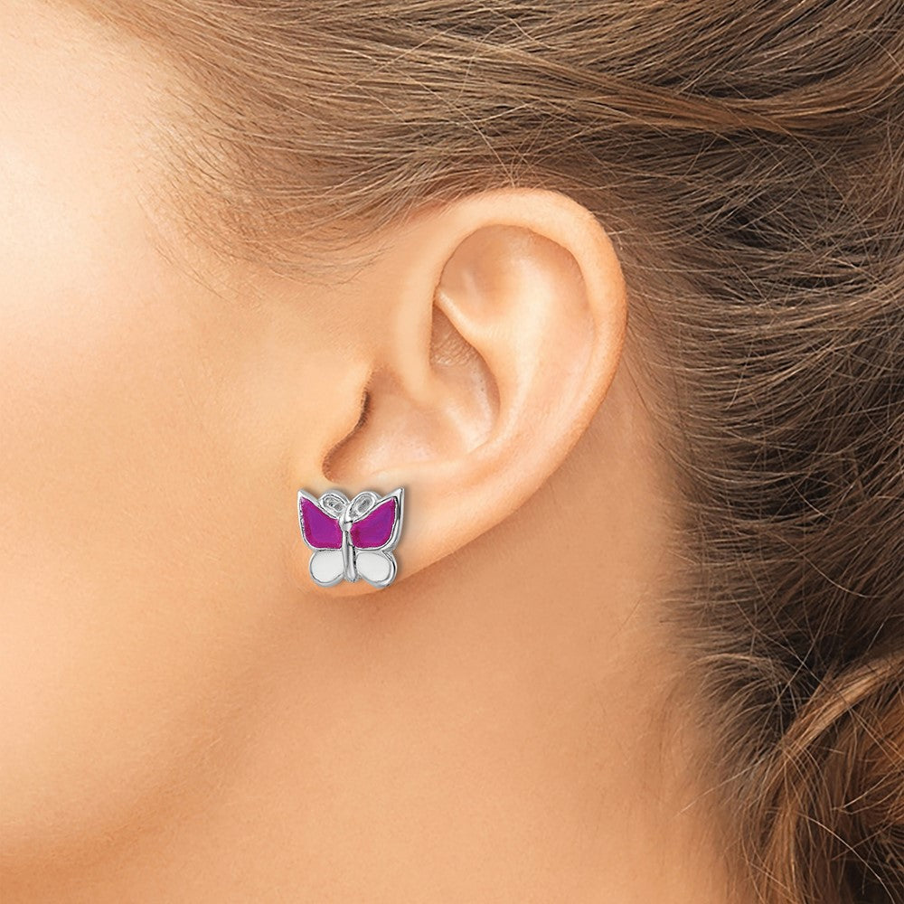Sterling Silver RH-plated Enameled Butterfly Post Earrings