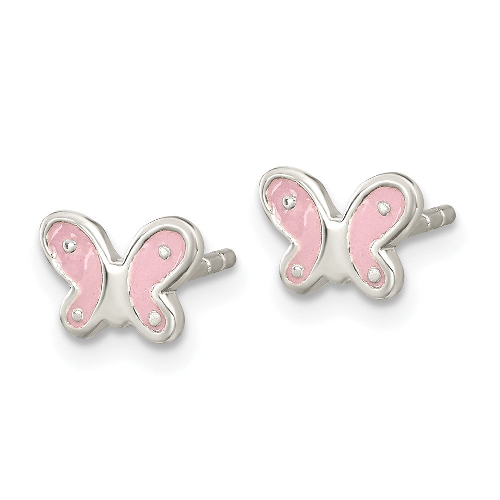 Sterling Silver RH-pltd Polish Pink Enamel Butterfly Petite Post Earrings