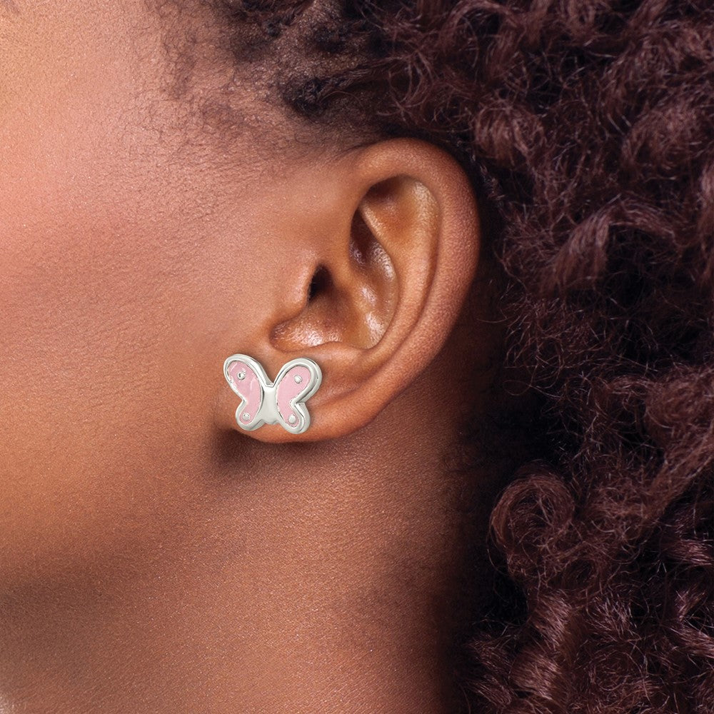 Sterling Silver RH-pltd Polish Pink Enamel Butterfly Petite Post Earrings