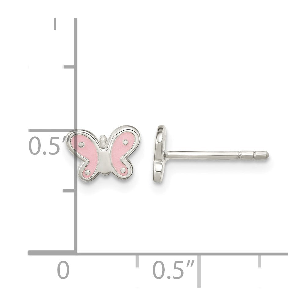 Sterling Silver RH-pltd Polish Pink Enamel Butterfly Petite Post Earrings
