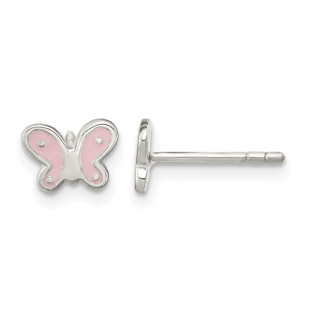 Sterling Silver RH-pltd Polish Pink Enamel Butterfly Petite Post Earrings