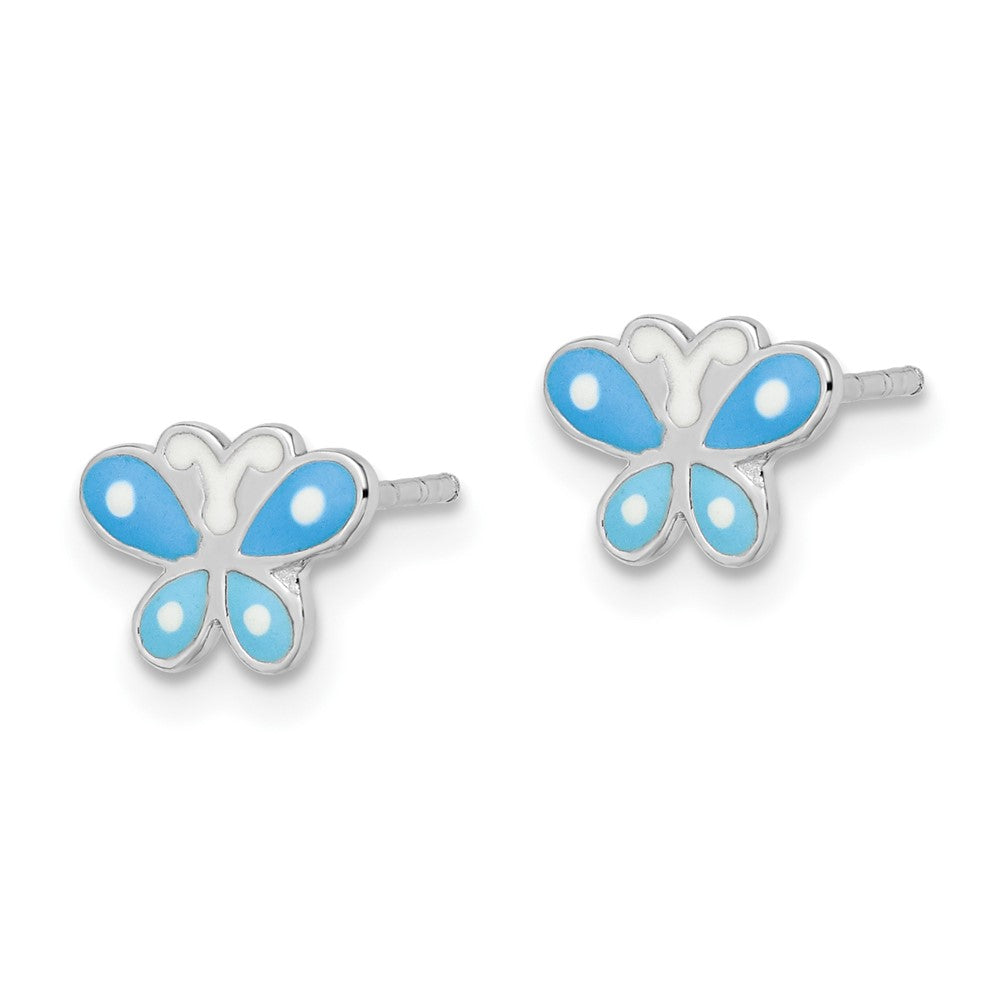 Sterling Silver RH-plated Blue Enameled Butterfly Post Earrings