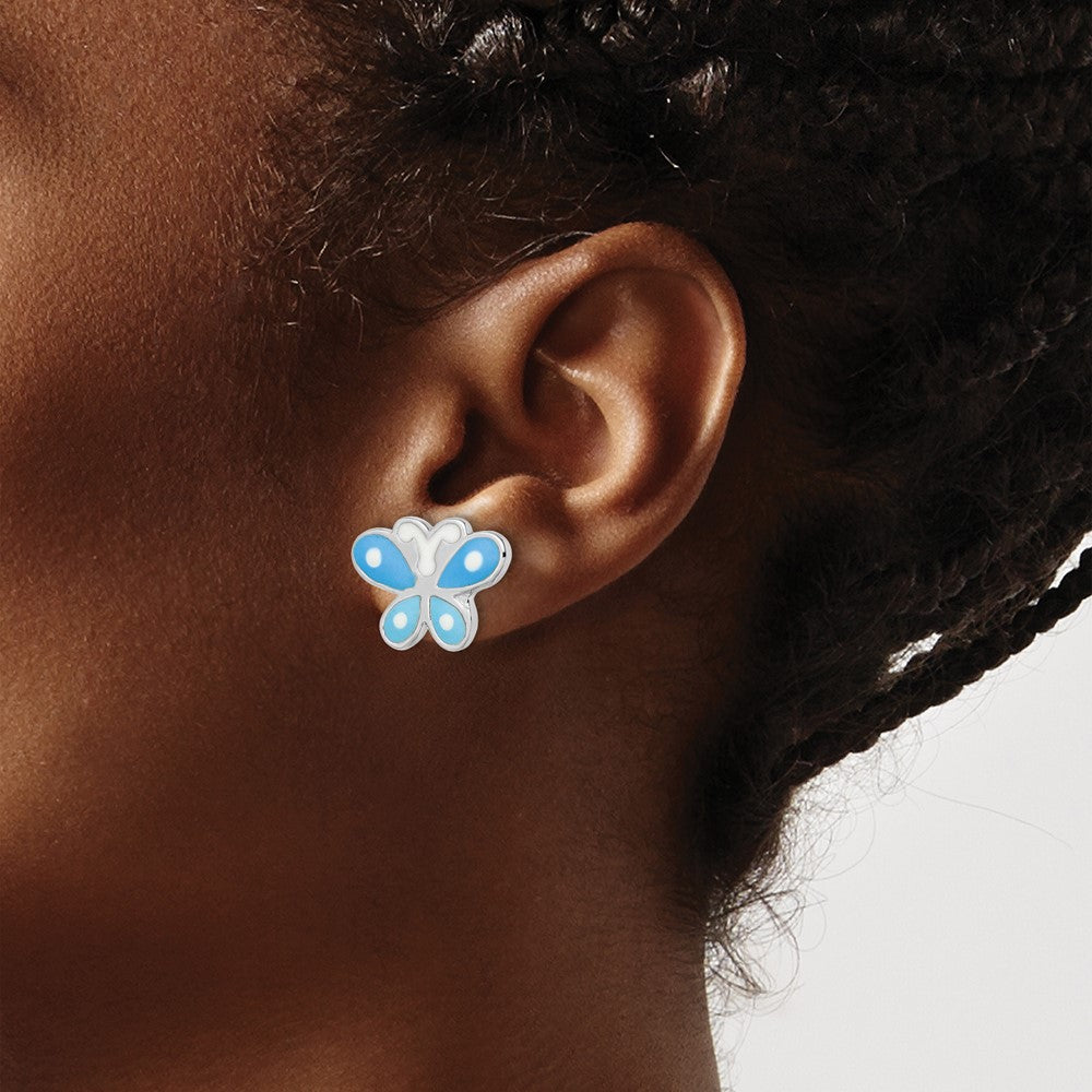 Sterling Silver RH-plated Blue Enameled Butterfly Post Earrings