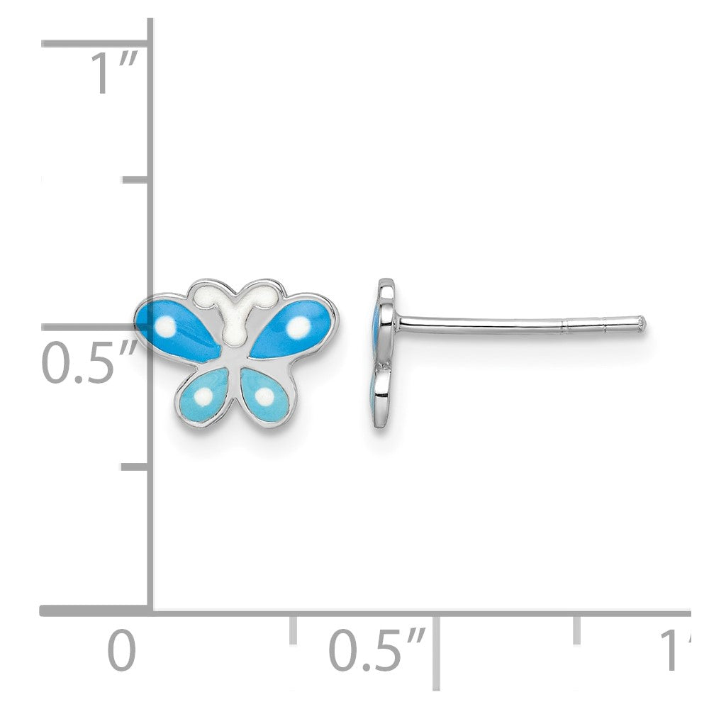 Sterling Silver RH-plated Blue Enameled Butterfly Post Earrings
