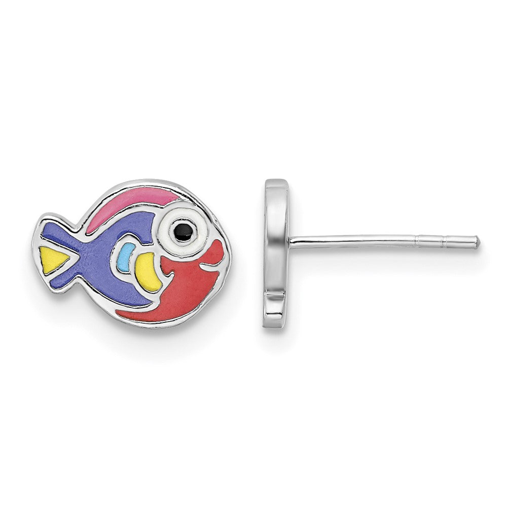Sterling Silver RH-plated Multi-color Enameled Fish Post Earrings