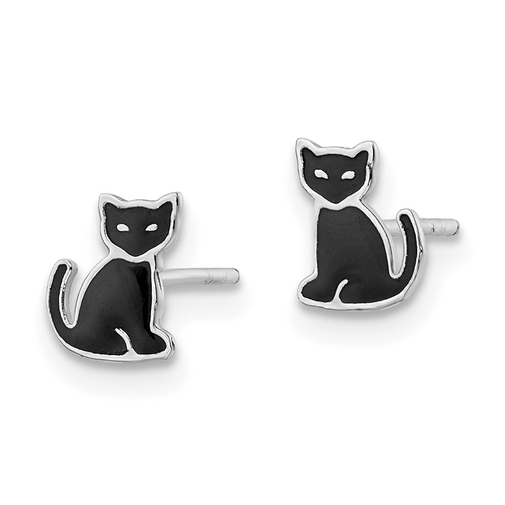 Sterling Silver RH-plated Polished Enameled Black Cat Post Earrings