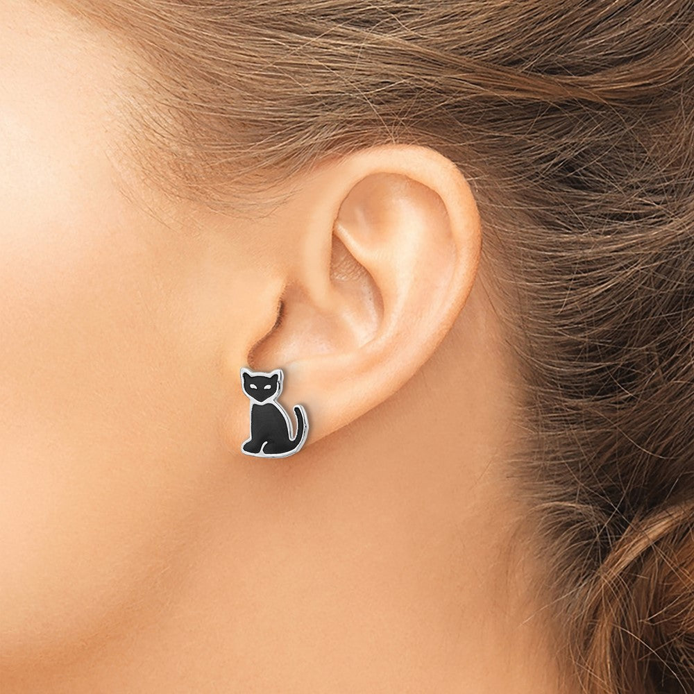Sterling Silver RH-plated Polished Enameled Black Cat Post Earrings