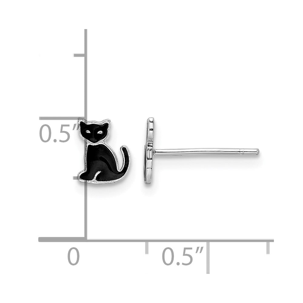 Sterling Silver RH-plated Polished Enameled Black Cat Post Earrings