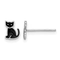 Sterling Silver RH-plated Polished Enameled Black Cat Post Earrings