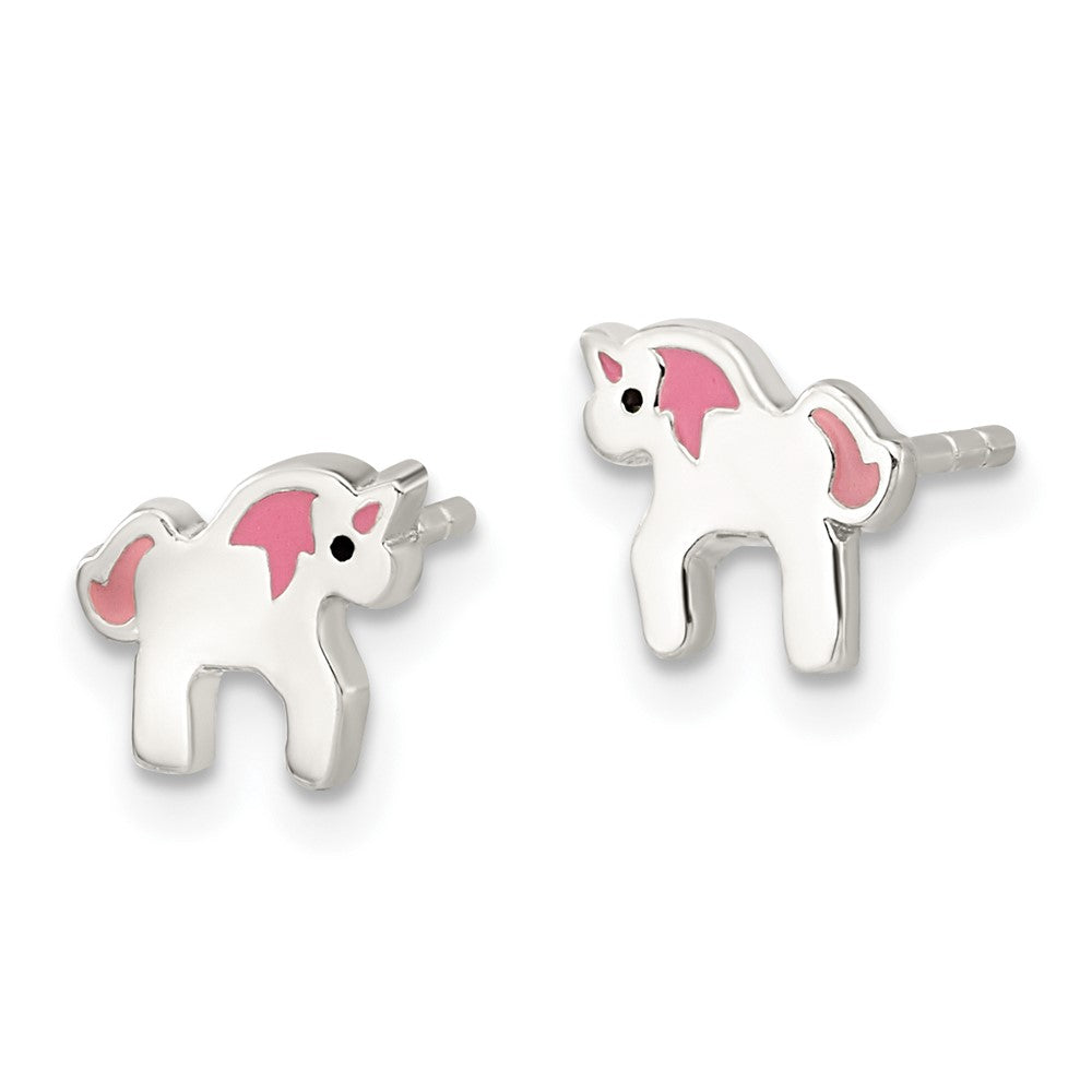 Sterling Silver Rhodium-plated Multi-color Enamel Unicorn Post Earrings