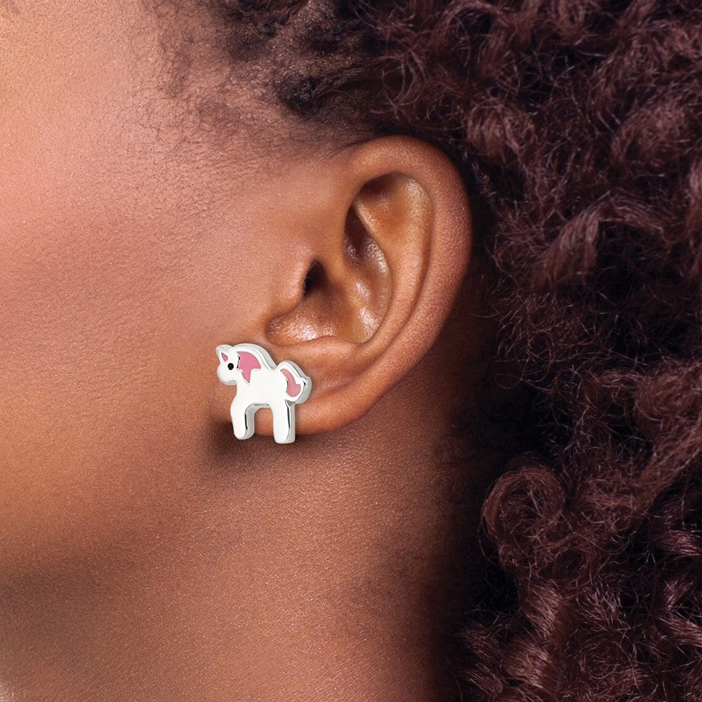 Sterling Silver Rhodium-plated Multi-color Enamel Unicorn Post Earrings