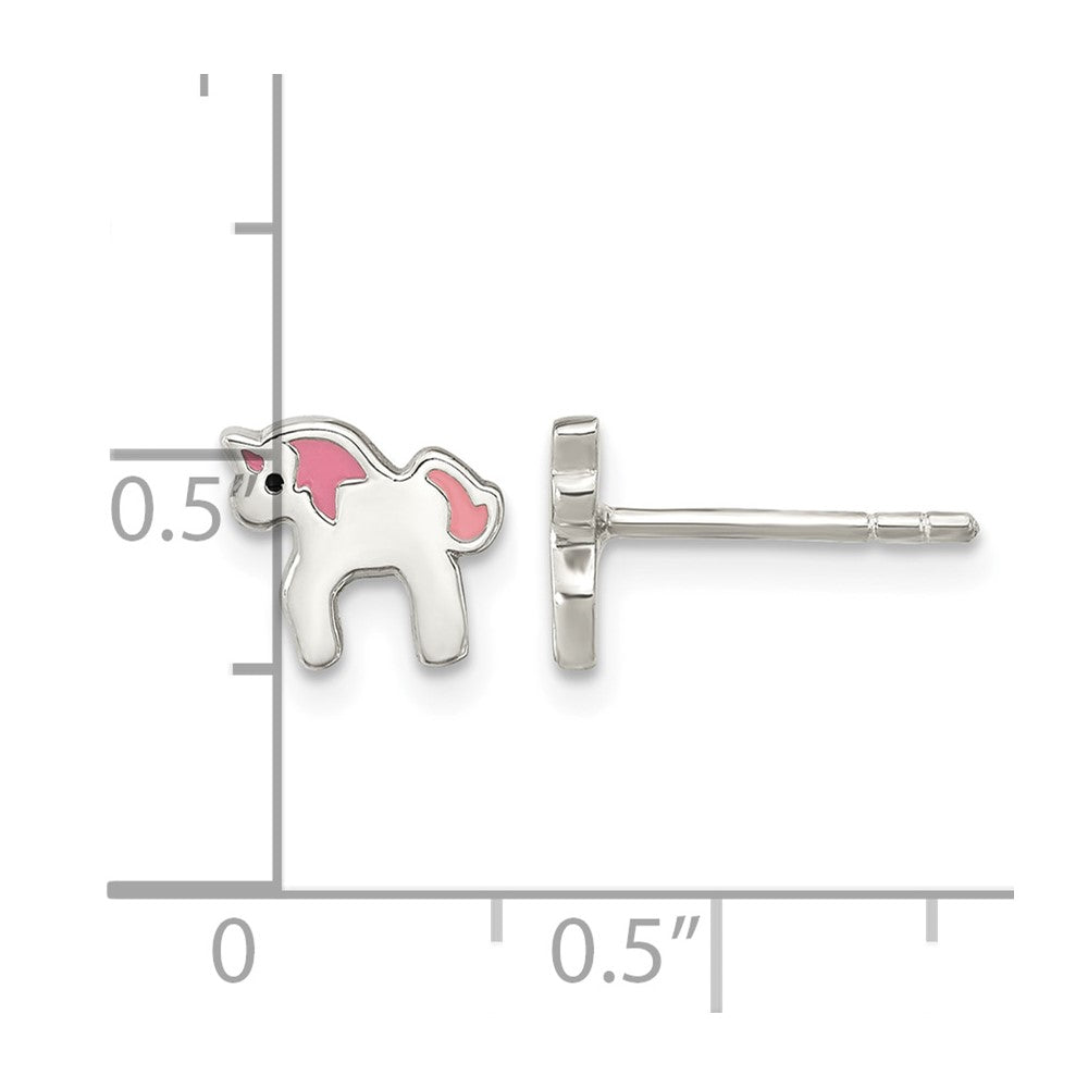 Sterling Silver Rhodium-plated Multi-color Enamel Unicorn Post Earrings