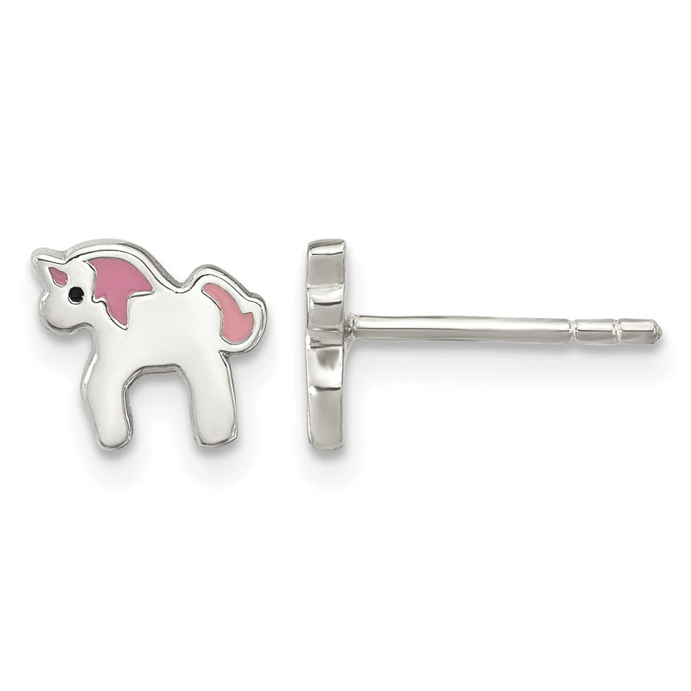 Sterling Silver Rhodium-plated Multi-color Enamel Unicorn Post Earrings