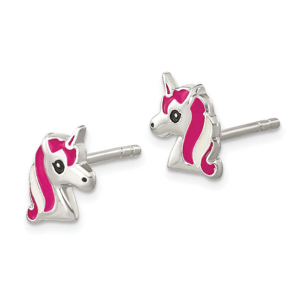 Sterling Silver Rhod-plated Pink Enamel Unicorn Head Post Earrings
