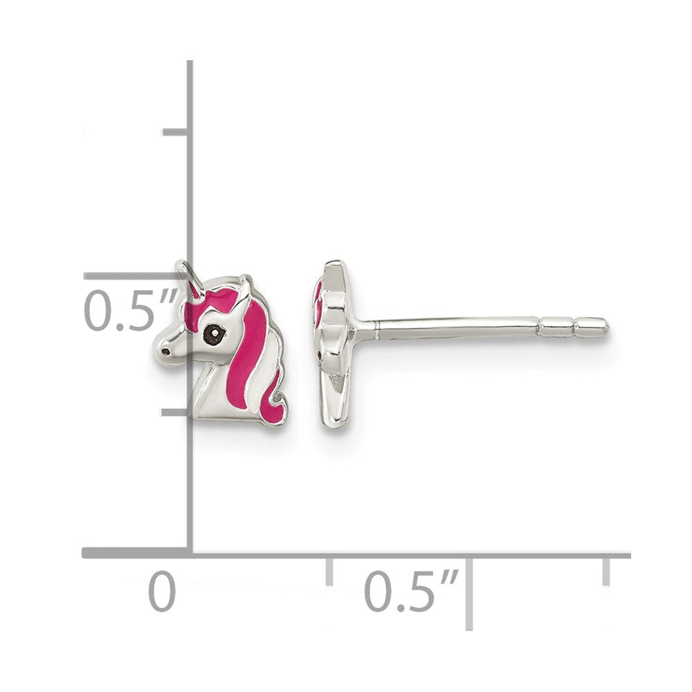 Sterling Silver Rhod-plated Pink Enamel Unicorn Head Post Earrings