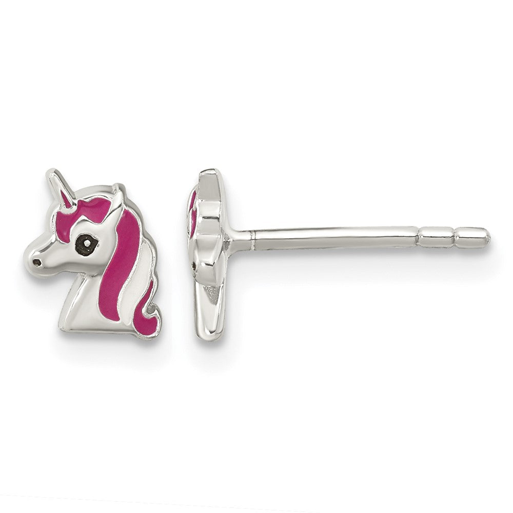 Sterling Silver Rhod-plated Pink Enamel Unicorn Head Post Earrings