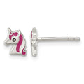Sterling Silver Rhod-plated Pink Enamel Unicorn Head Post Earrings