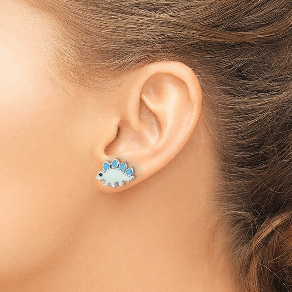 Sterling Silver Rhodium-plated Enameled Dinosaur Post Earrings