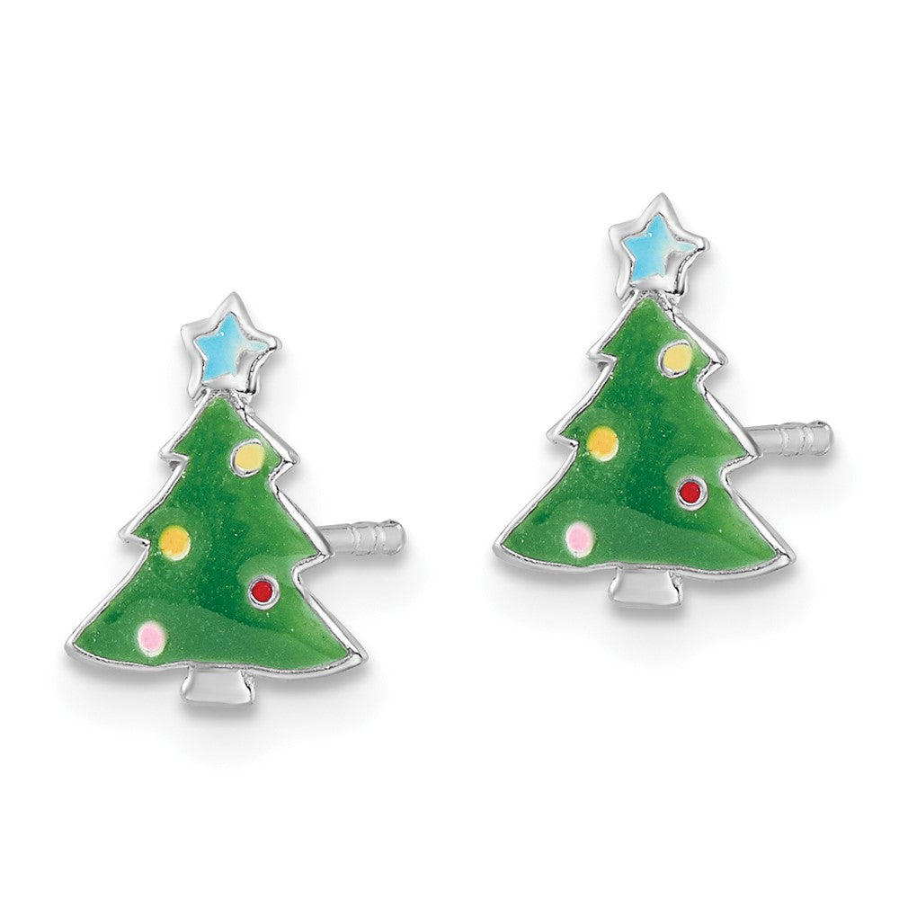 Sterling Silver Rhodium-plated Enamel Christmas Tree Post Earrings