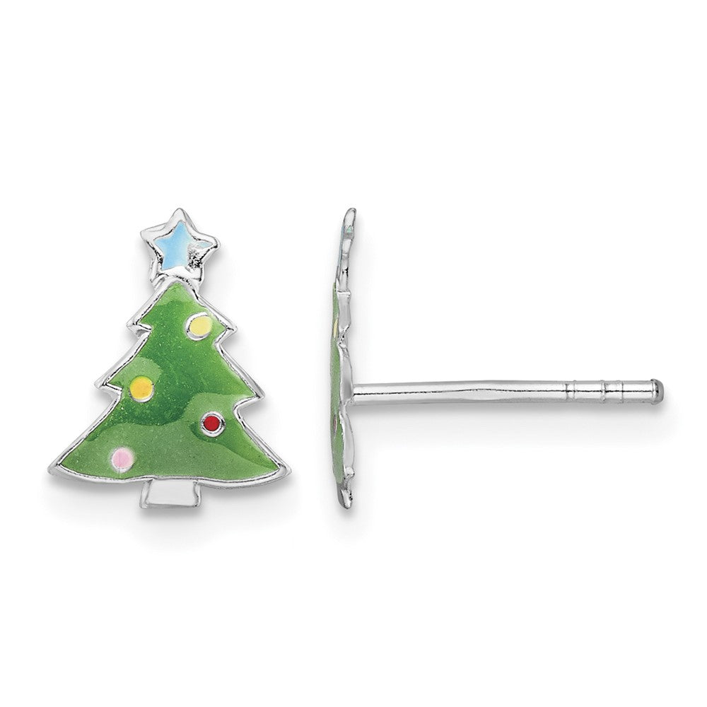 Sterling Silver Rhodium-plated Enamel Christmas Tree Post Earrings