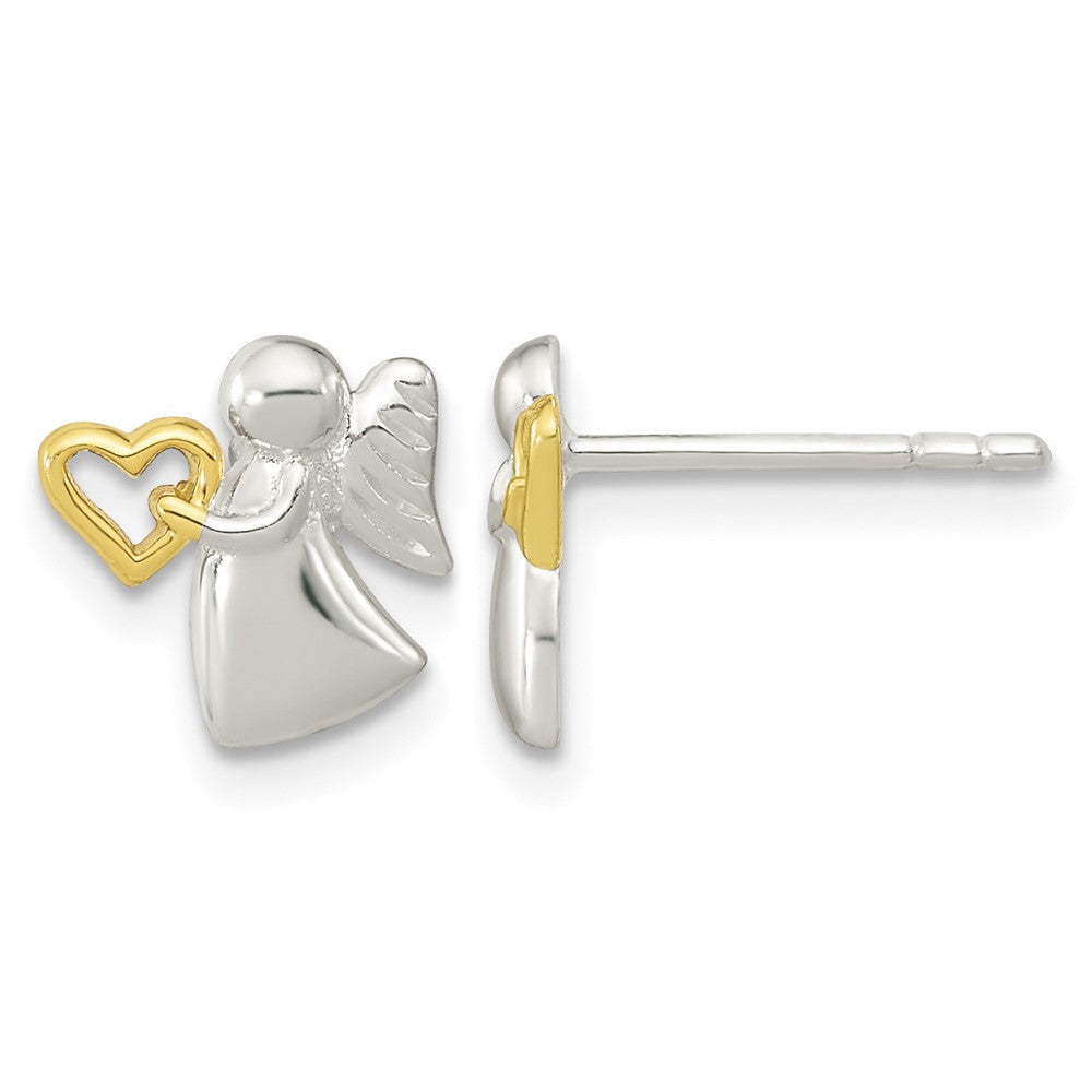 Sterling Silver Angel Gold-plated Heart Polished Post Earrings