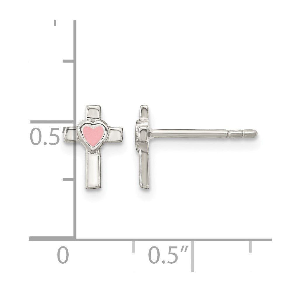 Sterling Silver Rhodium-plated Cross Pink Enamel Heart Post Earrings
